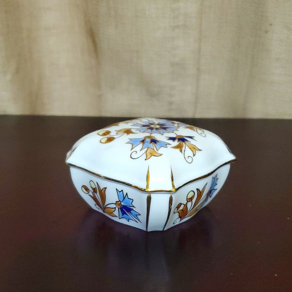 Vintage ZSOLNAY Hungary Trinket Dish Lidded Porcelain Floral Gold Trim